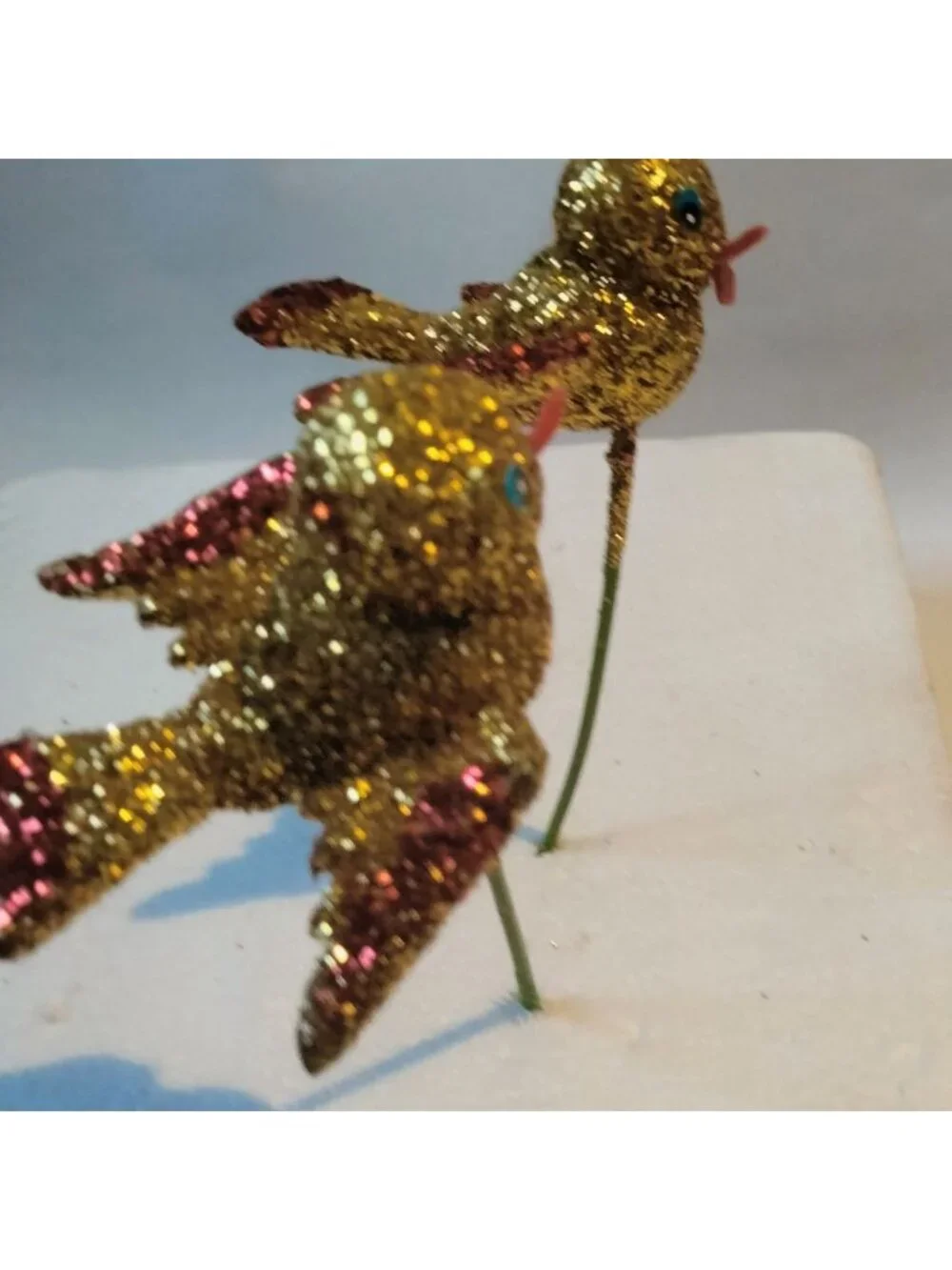 Glitter Gold Bird Ornament Green Wire Stem Decoration Crafting Lot 4